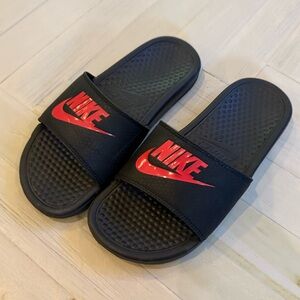 Nike Black Slides with Red Logo Women’s Size 9, Men’s Size 7,